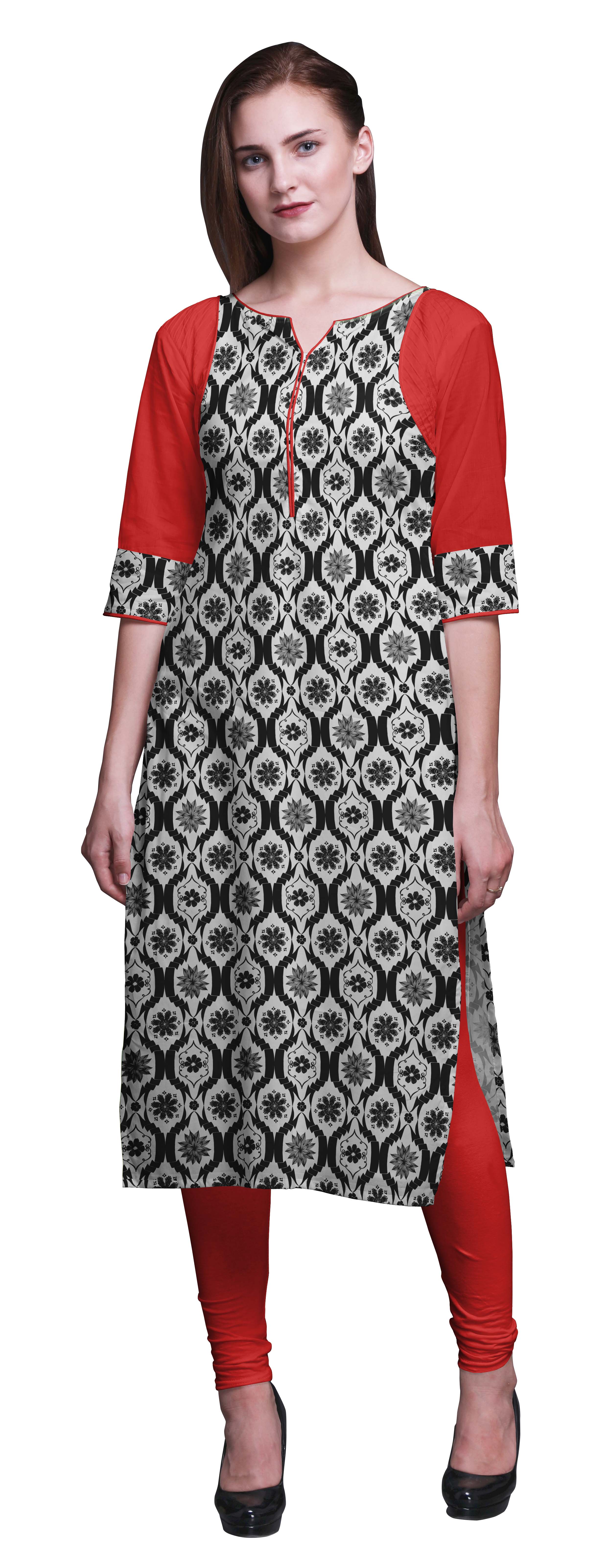 Bimba Cotton Panel Kurta Printed Women Straight Kurti Indian Summer Clothing-Large